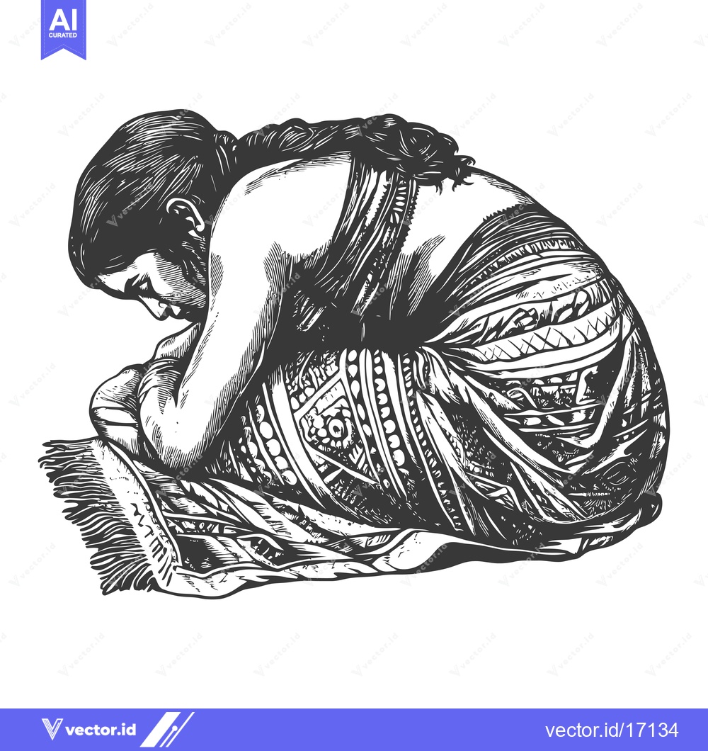 Premium Vector dari A Pensive Woman in Traditional Clothing Kneeling on a Rug