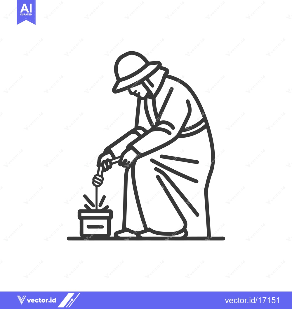 Premium Vector dari A Person in a Hat Lighting a Fire in a Pot