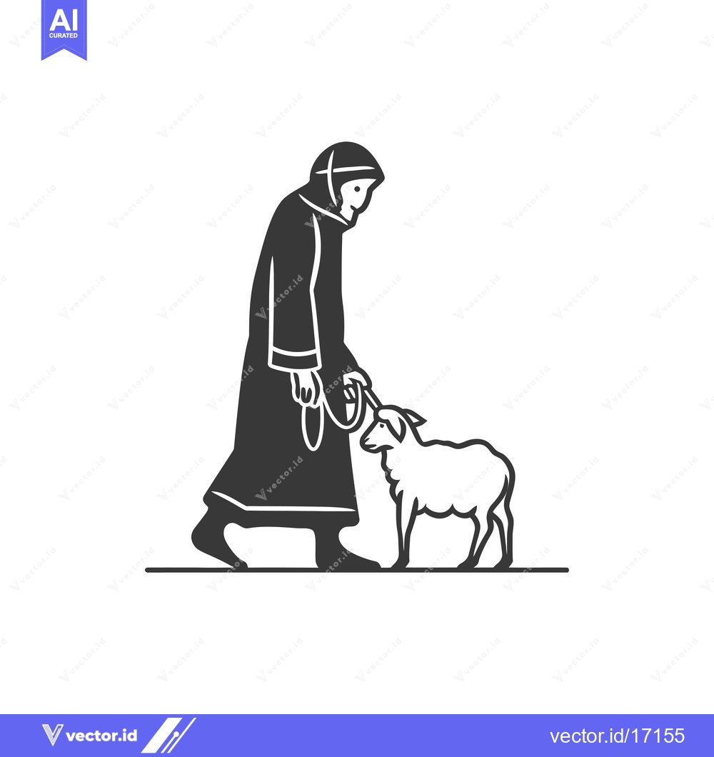 Premium Vector of A Person in a Robe Walking a Sheep on a Leash