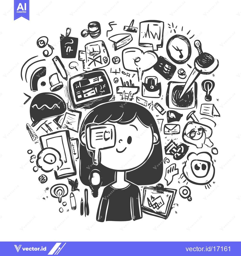 Premium Vector dari A Person Overwhelmed by a Circle of Doodle Objects