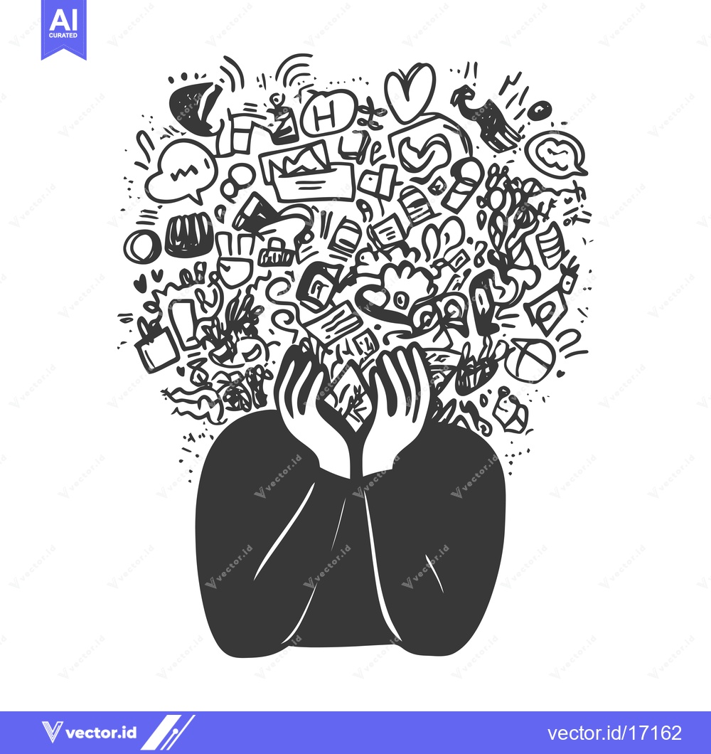 Premium Vector dari A Person Overwhelmed by a Cloud of Doodle Objects