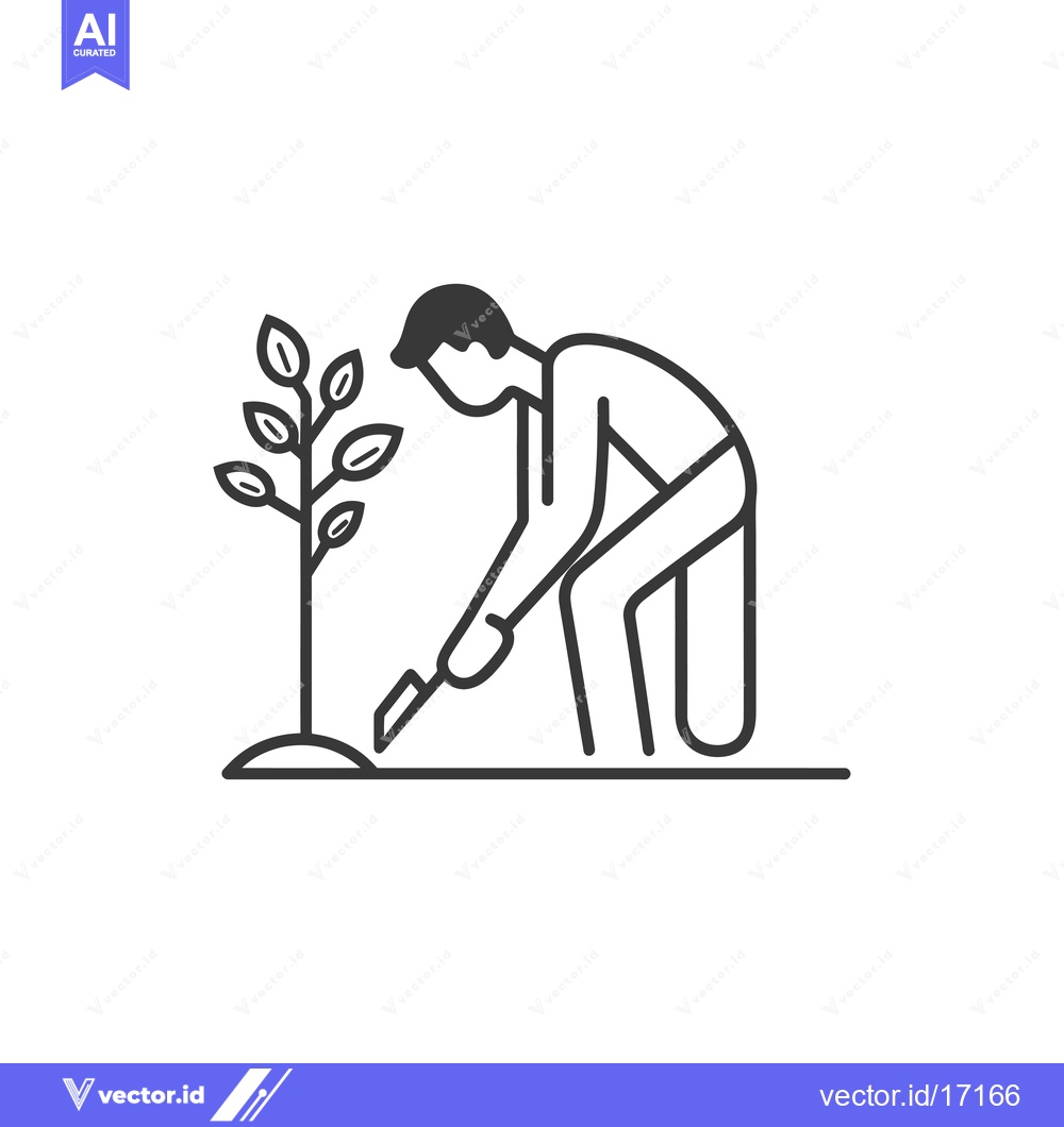 Premium Vector of A Person Planting a Sapling with a Shovel