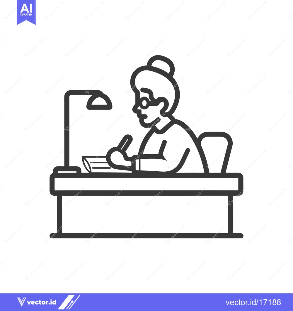 Premium Vector of A Person Sitting at a Desk Writing with a Lamp Above