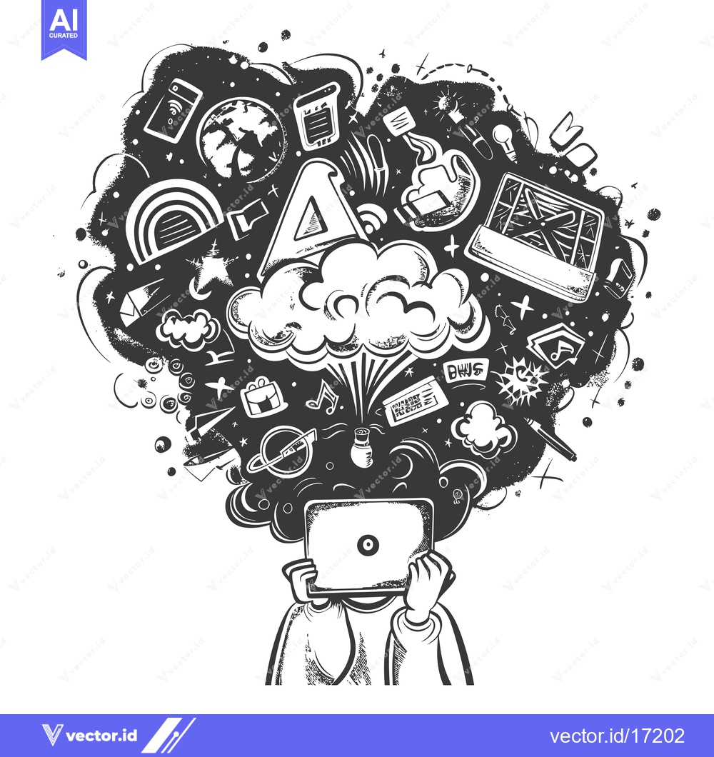 Premium Vector dari A Person Surrounded by a Cloud of Ideas, Thoughts, and Inspirations