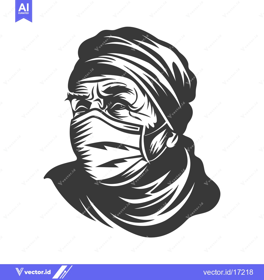 Premium Vector dari A person with a head covering and face mask, illustrated in black and