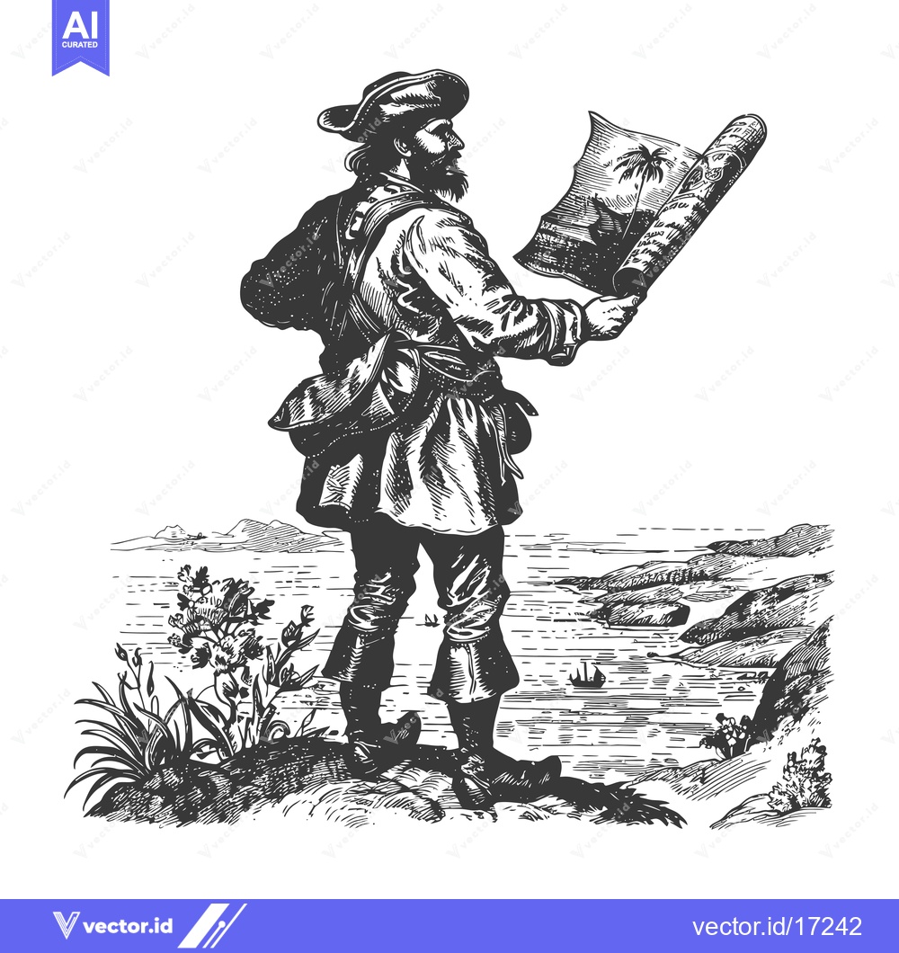 Premium Vector dari A Pirate Holding a Rolled-Up Map with Palm Trees on It, Standing on a