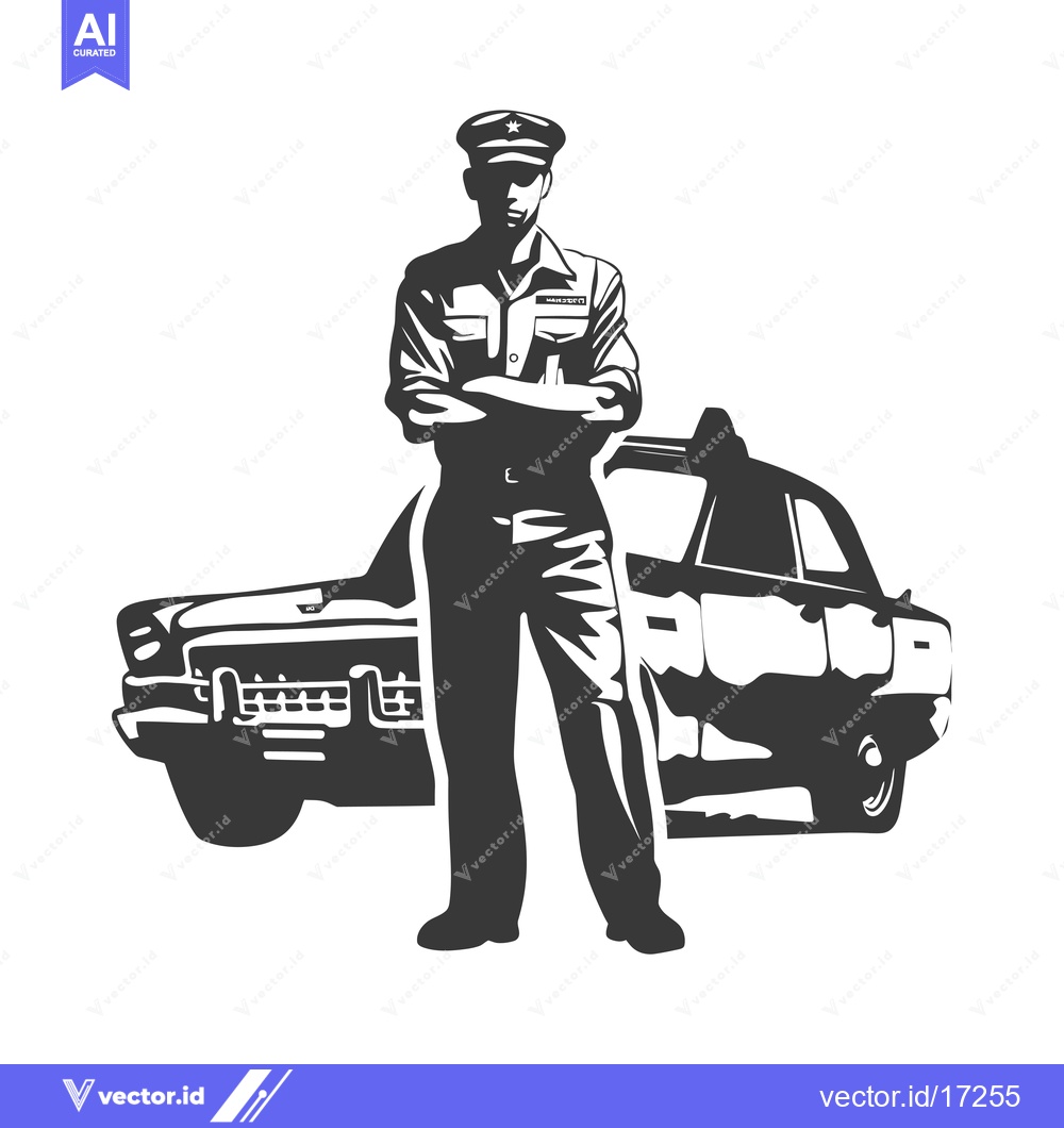 Premium Vector of A Police Officer Standing Proudly in Front of a Classic Car