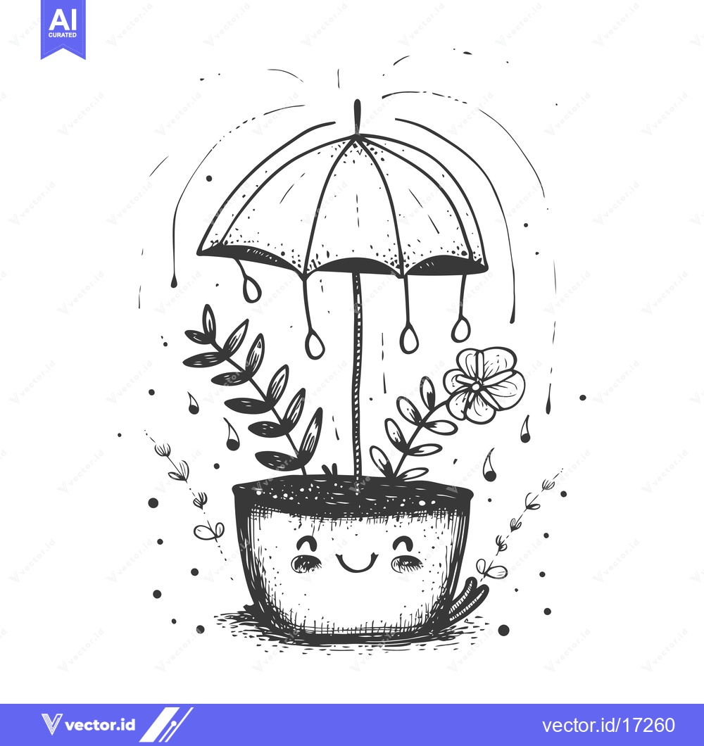 Premium Vector dari A potted plant with a smiling face is protected from the rain by a sma