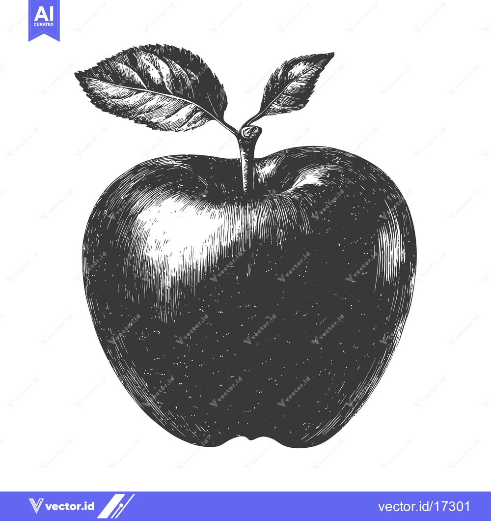 Premium Vector of An apple with leaves is displayed in a monochromatic drawing