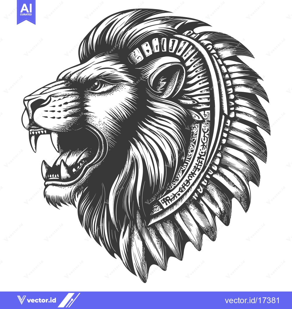 Premium Vector dari A Profile View of a Lion's Head with a Native American Headdress