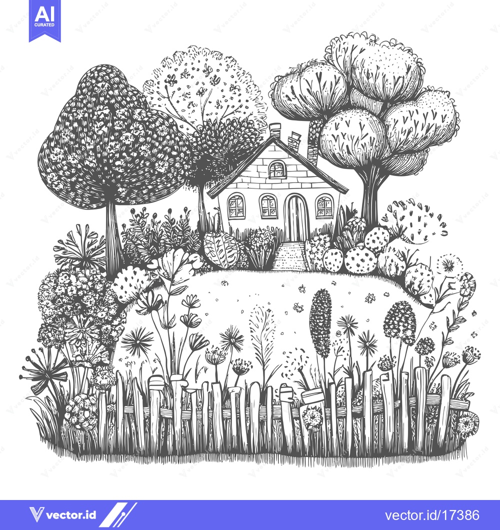 Premium Vector dari A quaint cottage nestled amidst a lush garden with a picket fence