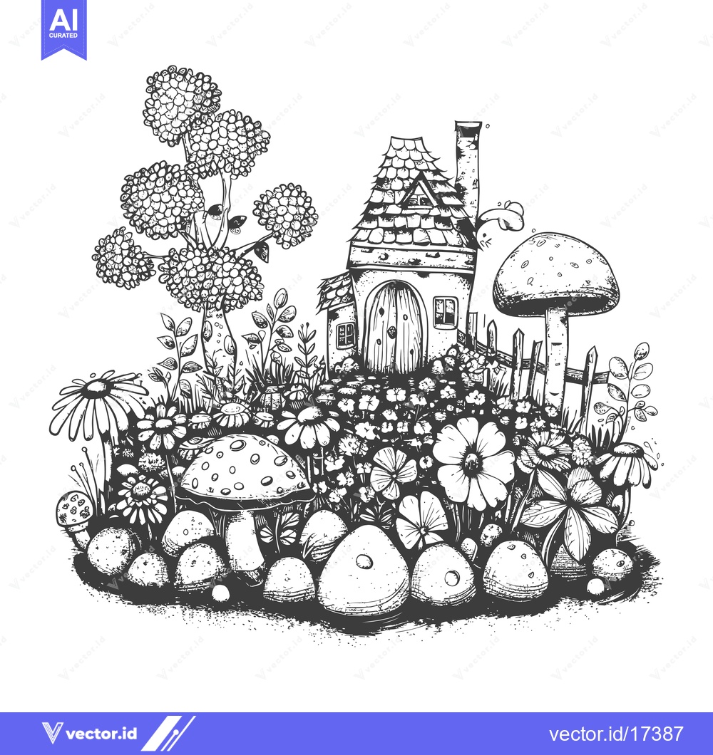 Premium Vector of A quaint little cottage nestled in a whimsical garden with mushrooms,