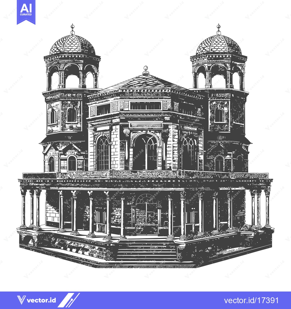 Premium Vector of A detailed black and white illustration of the architectural building
