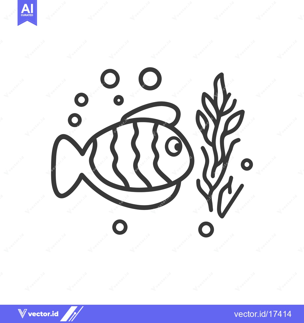 Premium Vector of A stylized line art illustration of a fish with bubbles and seaweed