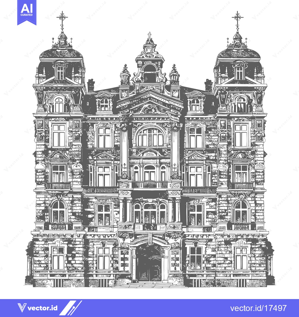 Premium Vector of A detailed monochrome illustration of a building facade