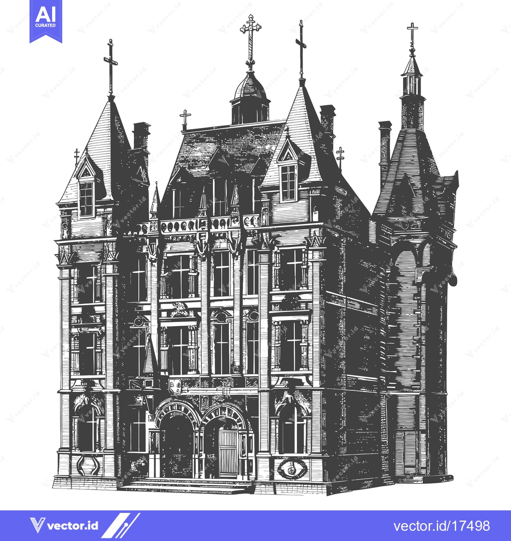 Premium Vector dari The detailed illustration depicts a gothic mansion in monochrome style