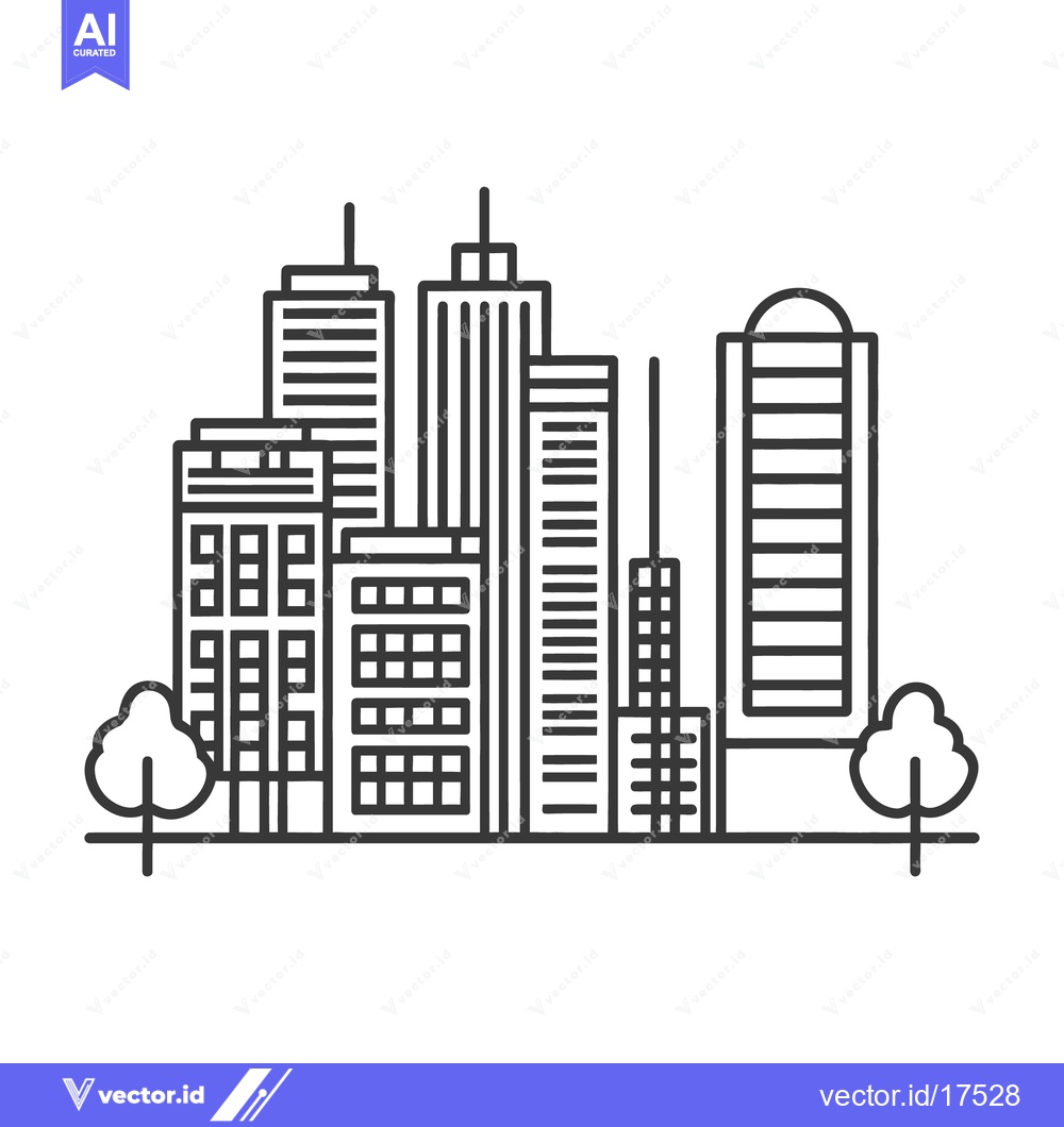 Premium Vector dari Cityscape outline featuring buildings and small trees on ground level