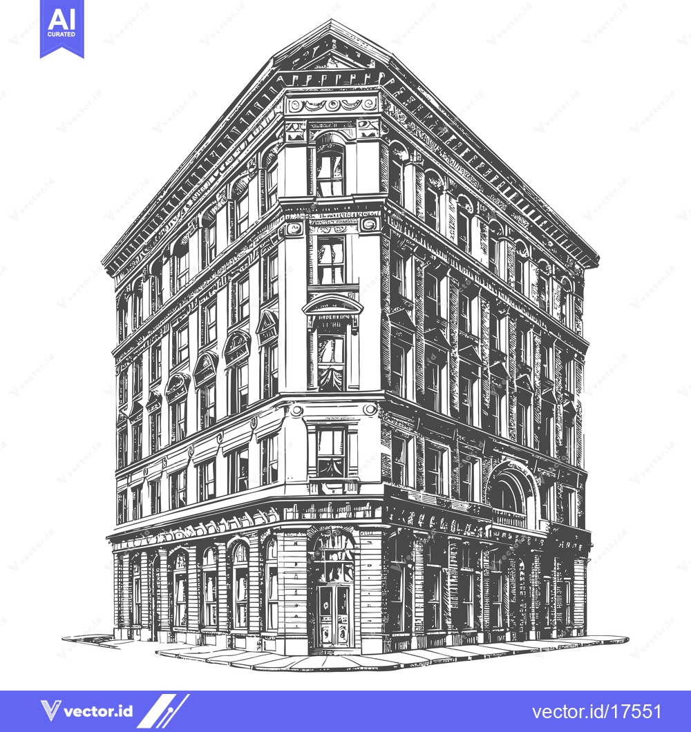 Premium Vector dari The vector drawing depicts a detailed corner building with a historic