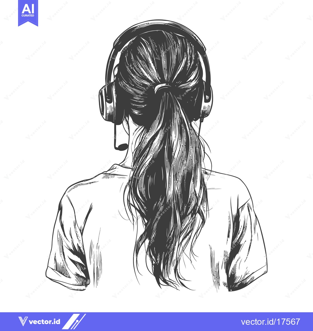 Premium Vector dari A Rear View of a Woman with Long Hair Wearing Headphones