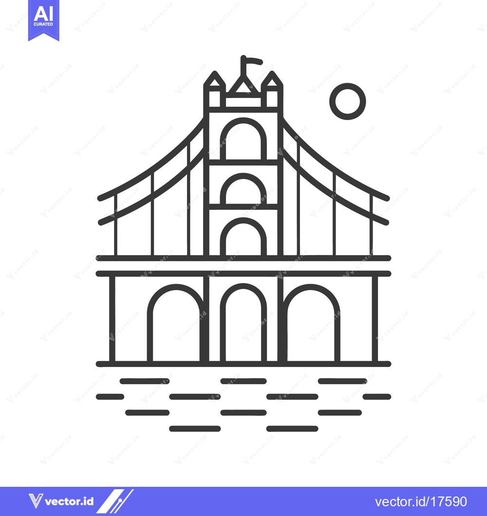 Premium Vector of A simple line drawing depicting a suspension bridge with arched suppor
