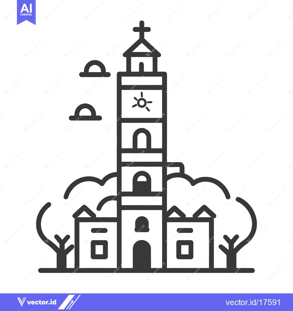 Premium Vector of A tall church tower with clock and cross symbol on top