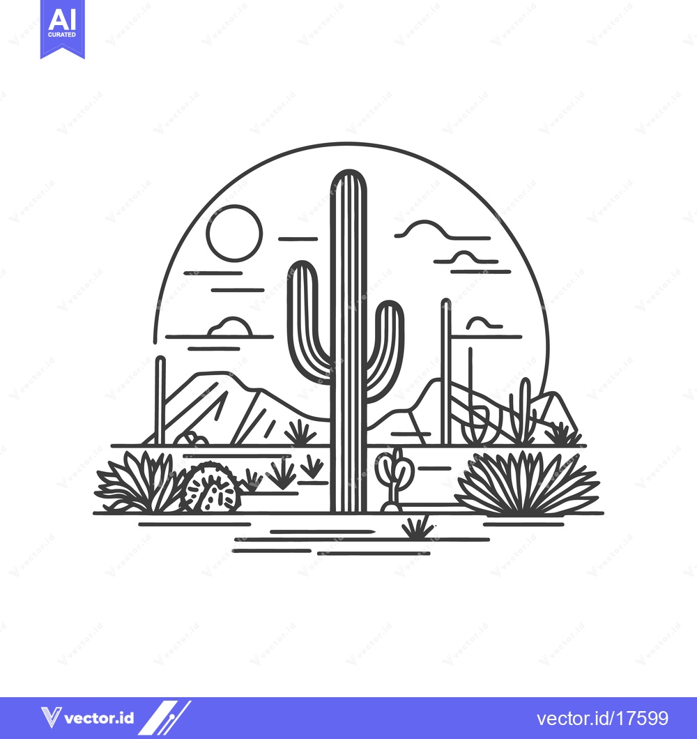 Premium Vector dari A line art illustration of a desert landscape with cacti