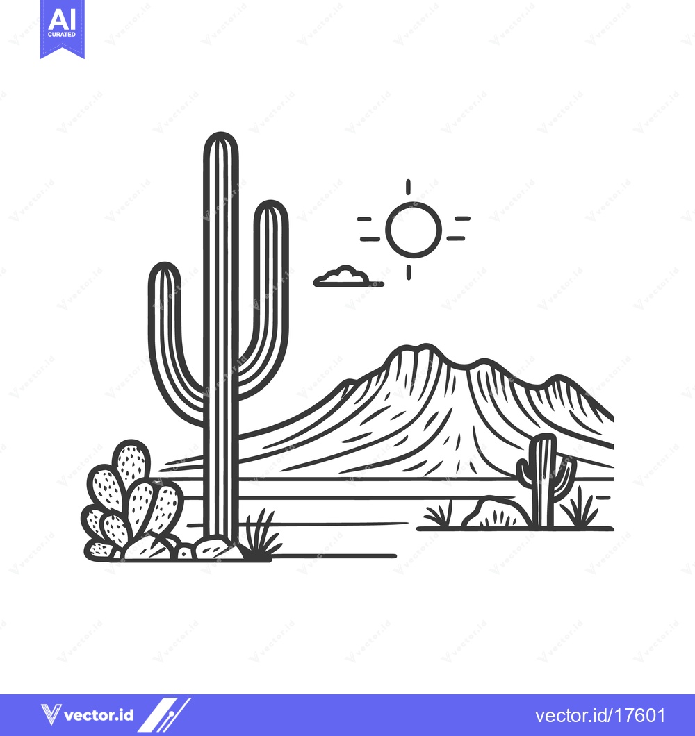 Premium Vector of A stylized black and white desert landscape illustration showing cacti