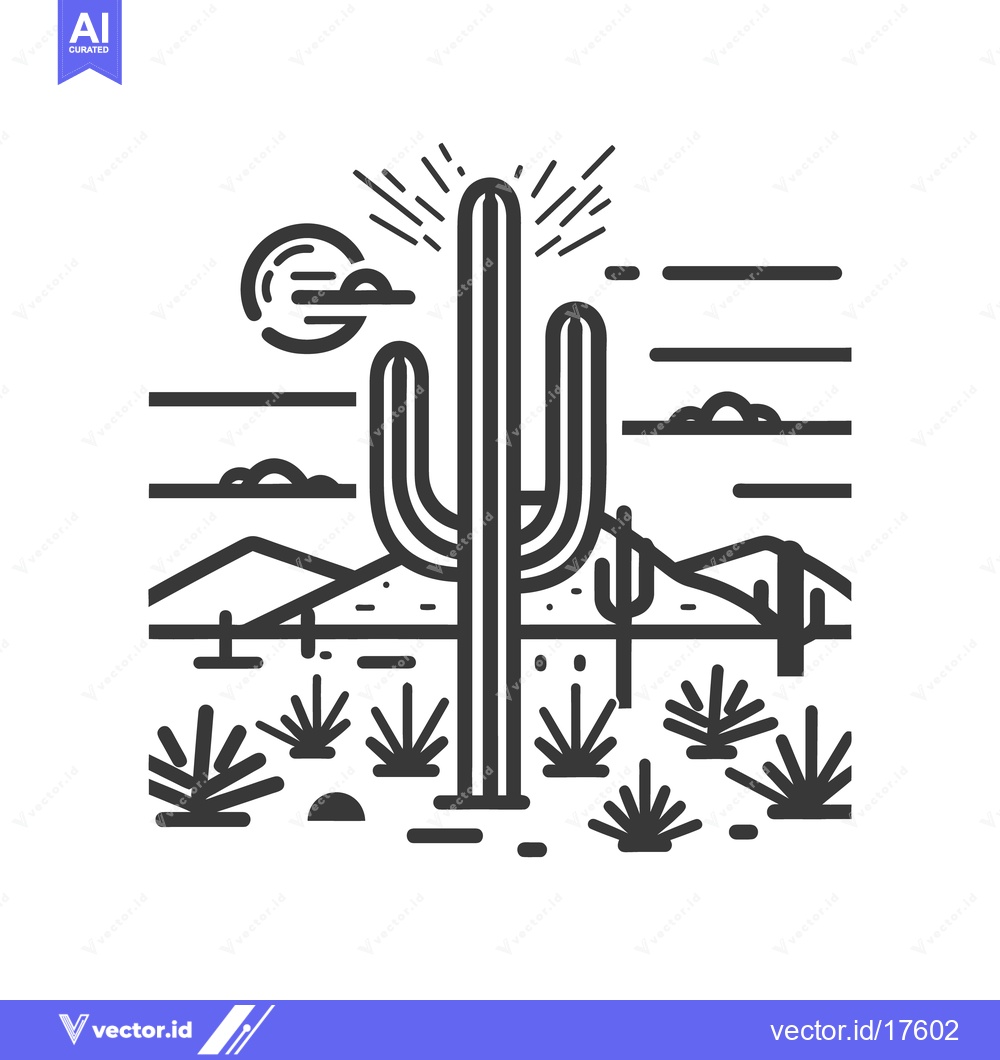 Premium Vector dari A stylized desert landscape featuring a large cactus and distant mount