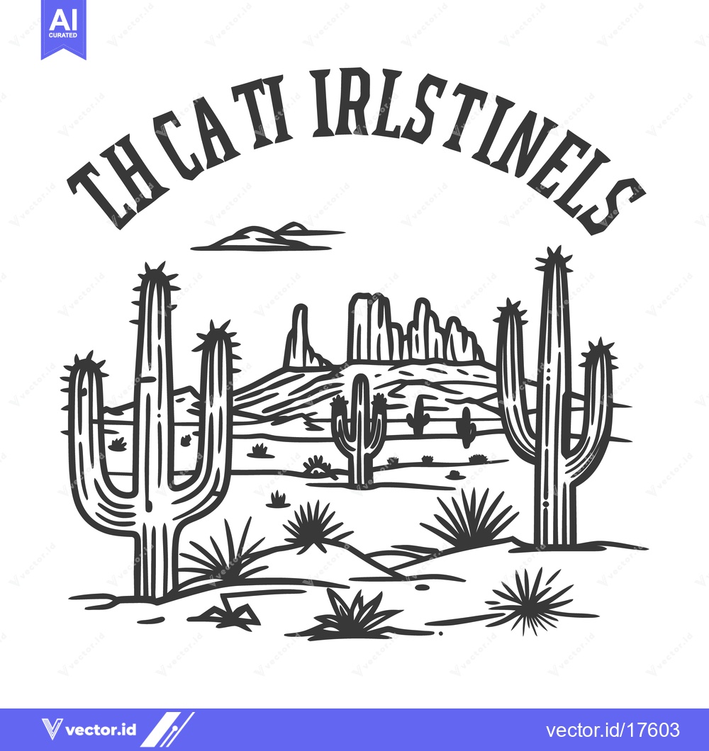 Premium Vector of A black and white desert landscape with cacti and mountains