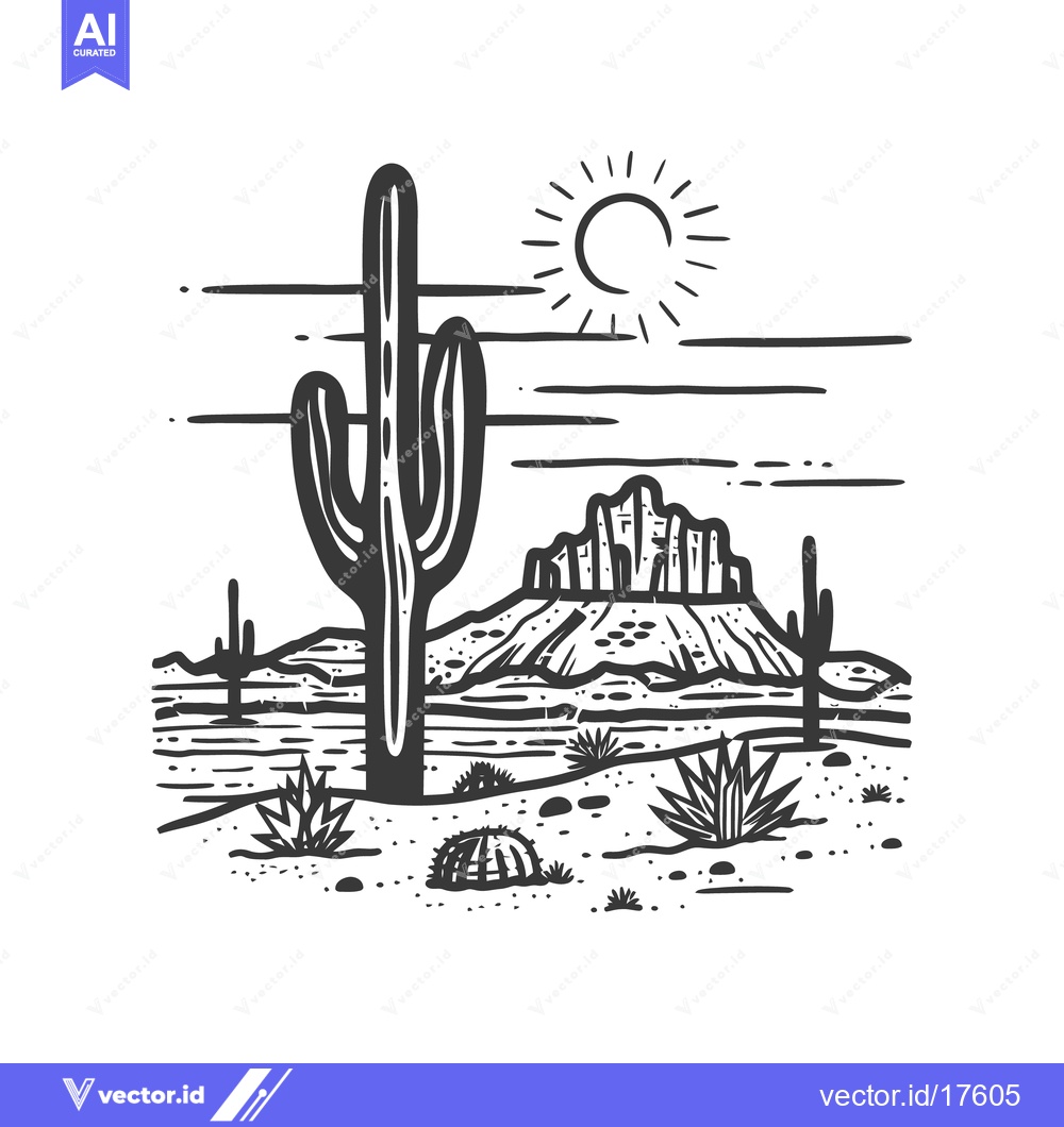 Premium Vector of A detailed depiction of a desert landscape with cacti and mountains