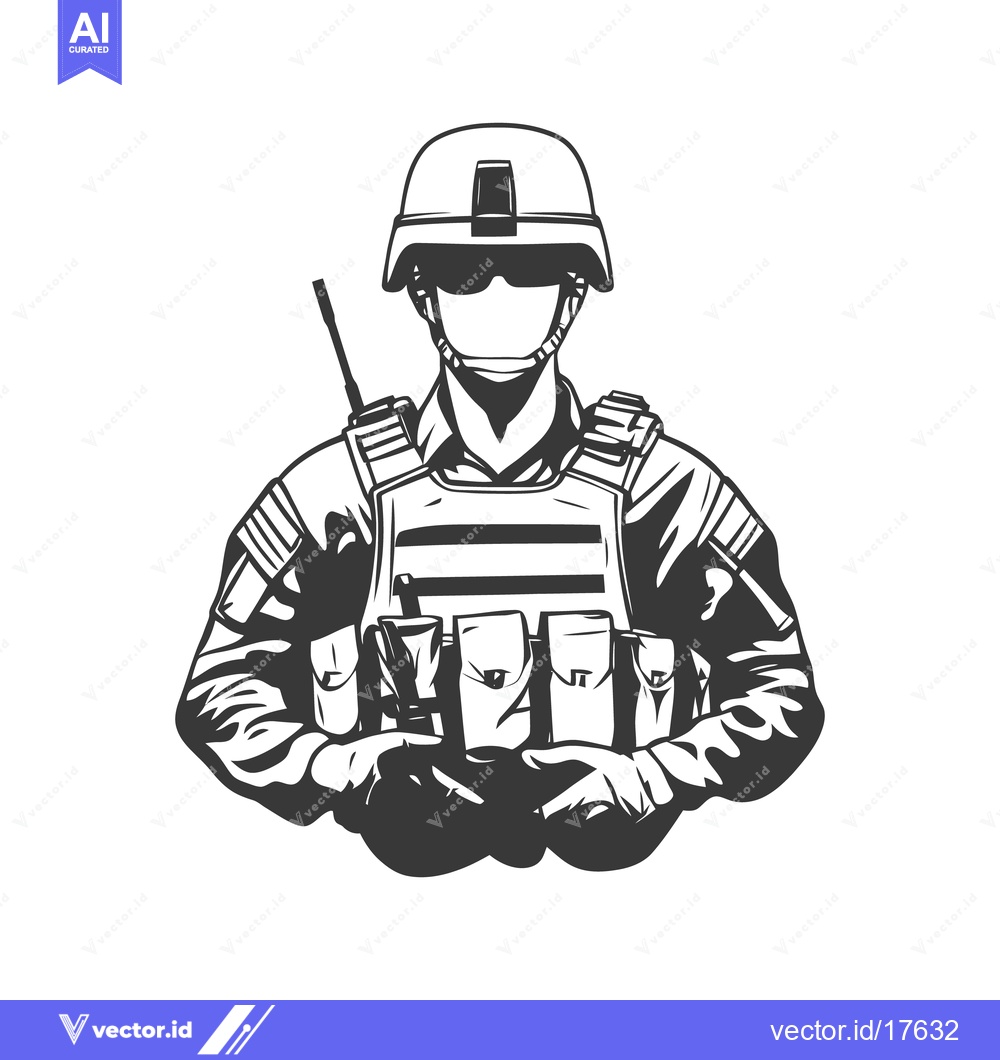 Premium Vector of A monochrome illustration depicting a soldier in full combat gear