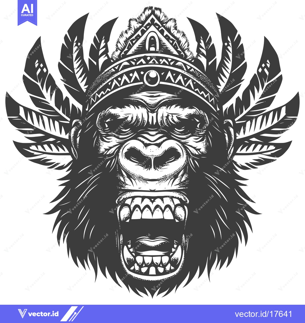 Premium Vector dari A Roaring Gorilla Wearing a Feather Headdress