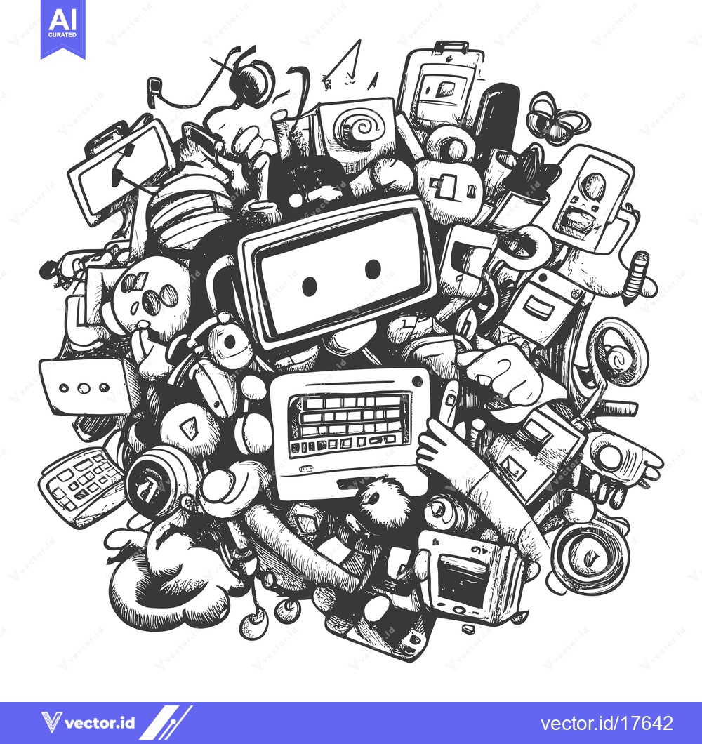 Premium Vector dari A Robot Surrounded by Electronics and Other Objects