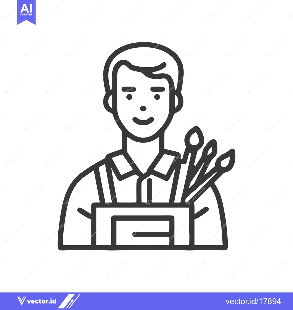 Premium Vector of Minimalist Artist Icon: Smiling Man with Brushes and Palette