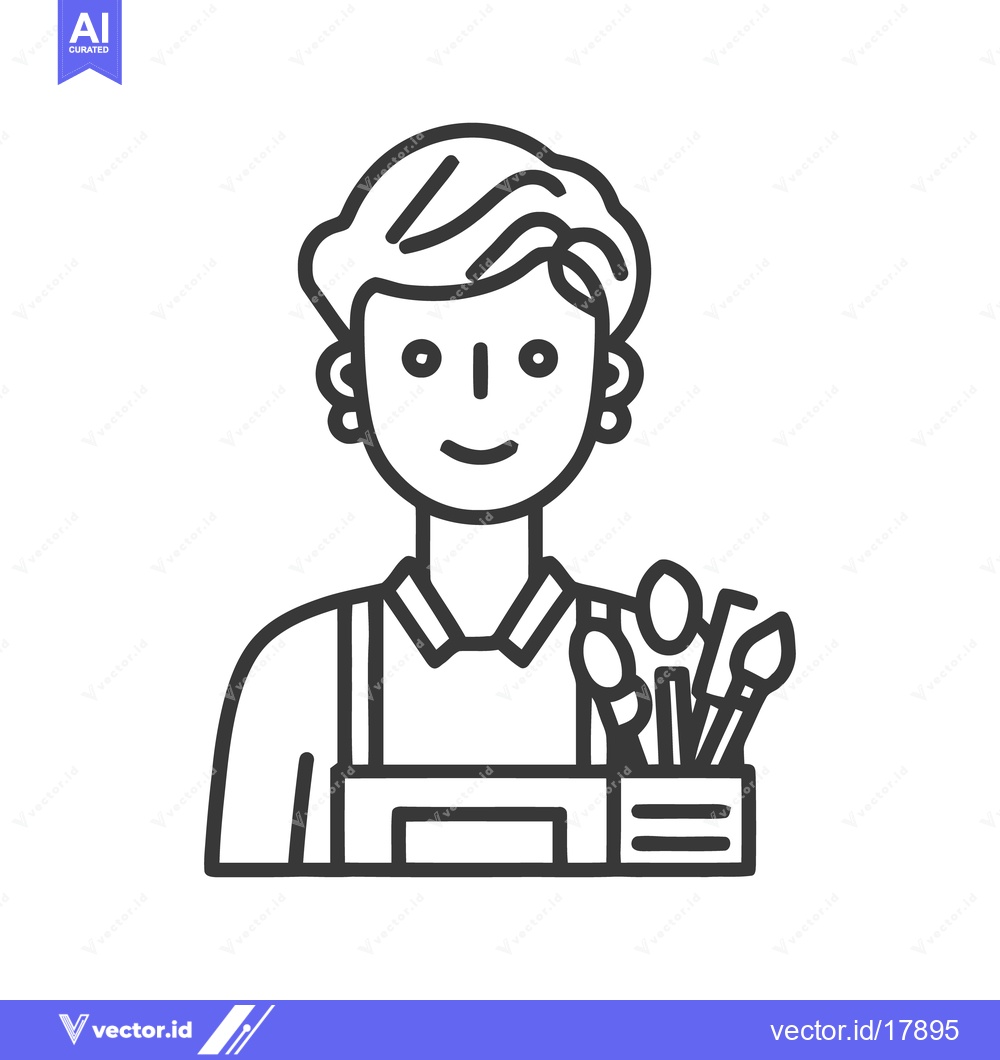 Premium Vector dari Cheerful Artist Portrait: Line Art Icon of a Smiling Painter with Pain