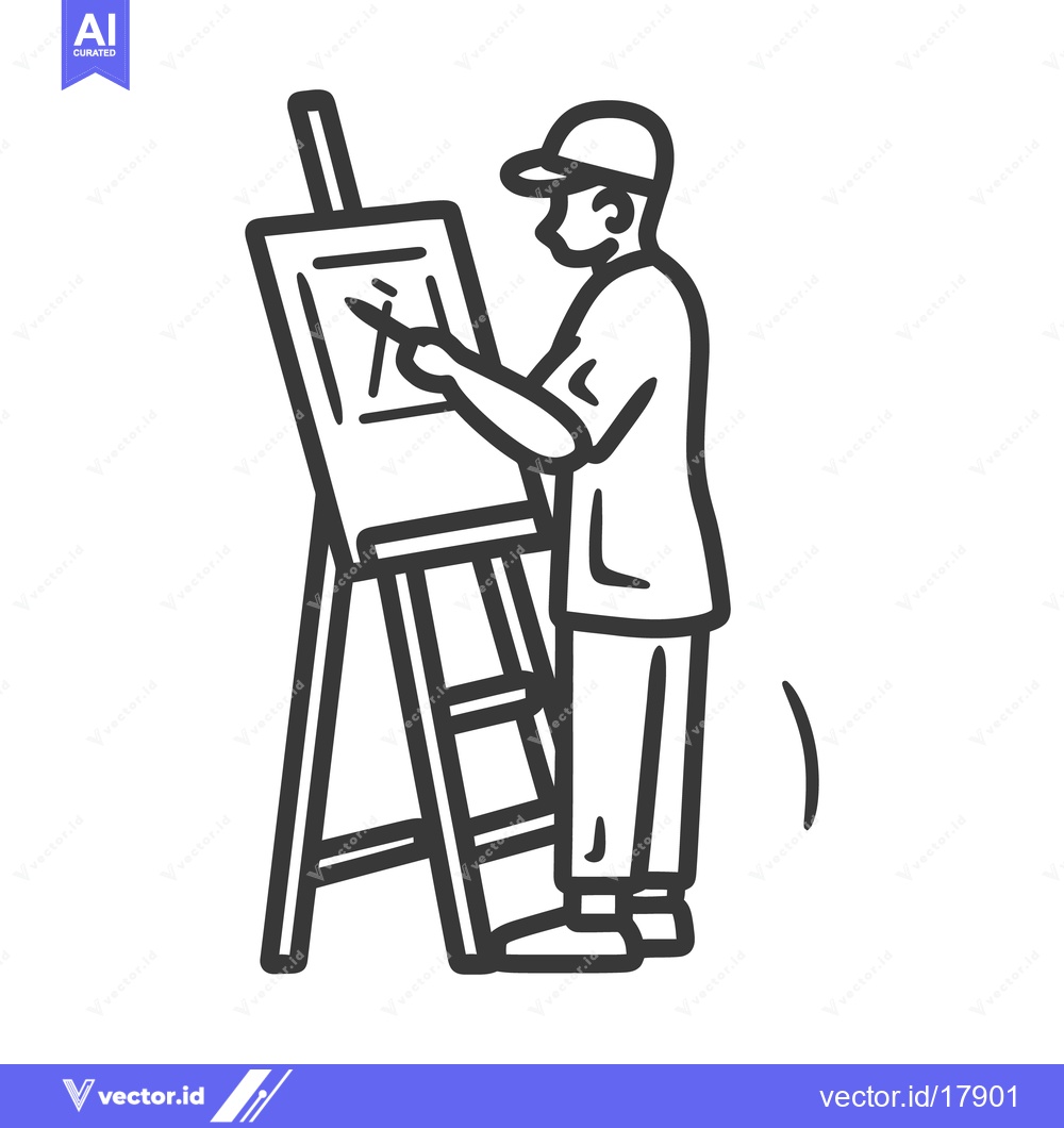 Premium Vector of An artist wearing a cap painting on an easel outdoors