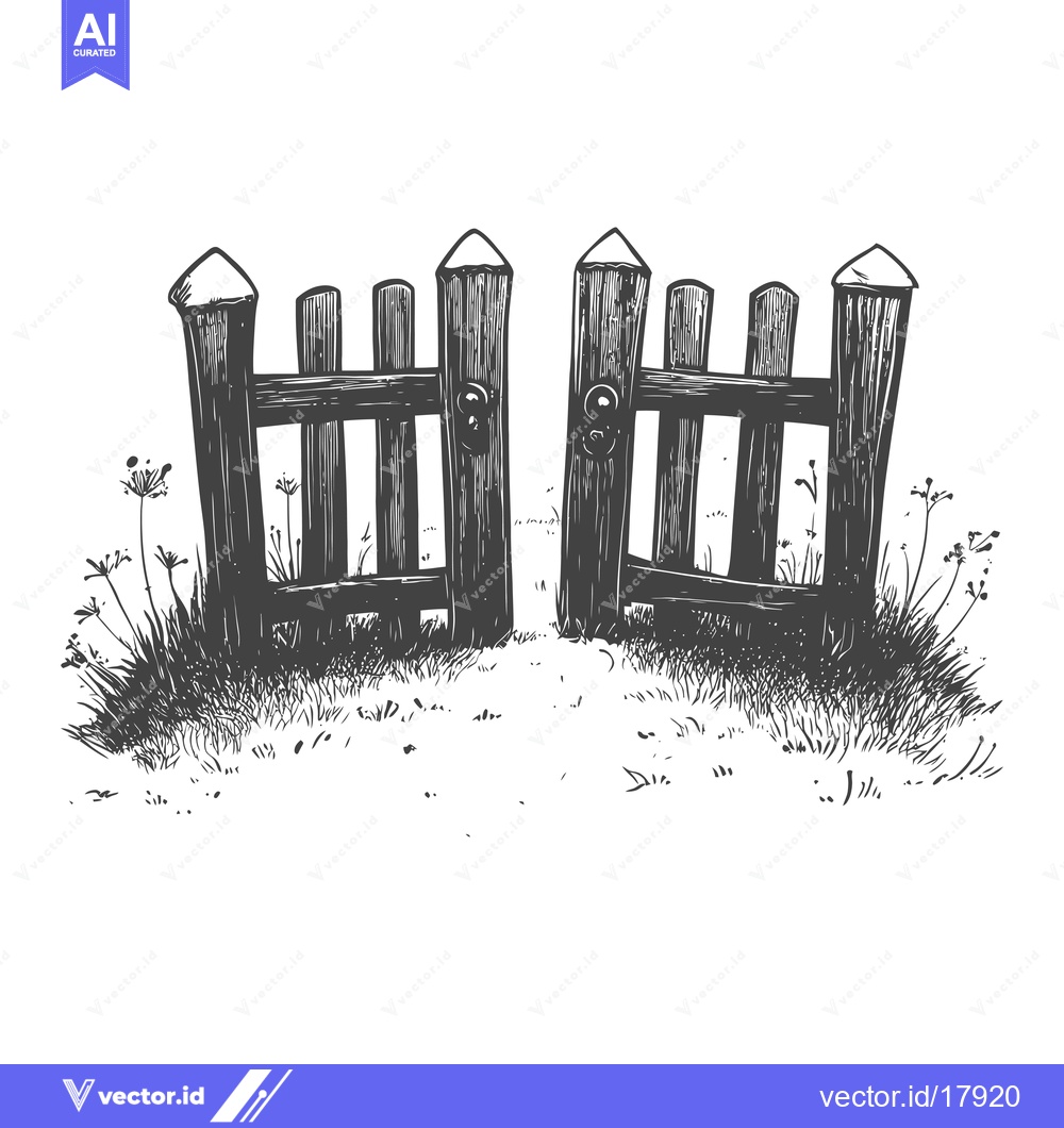 Premium Vector of A Rustic Wooden Gate Open in a Grassy Field