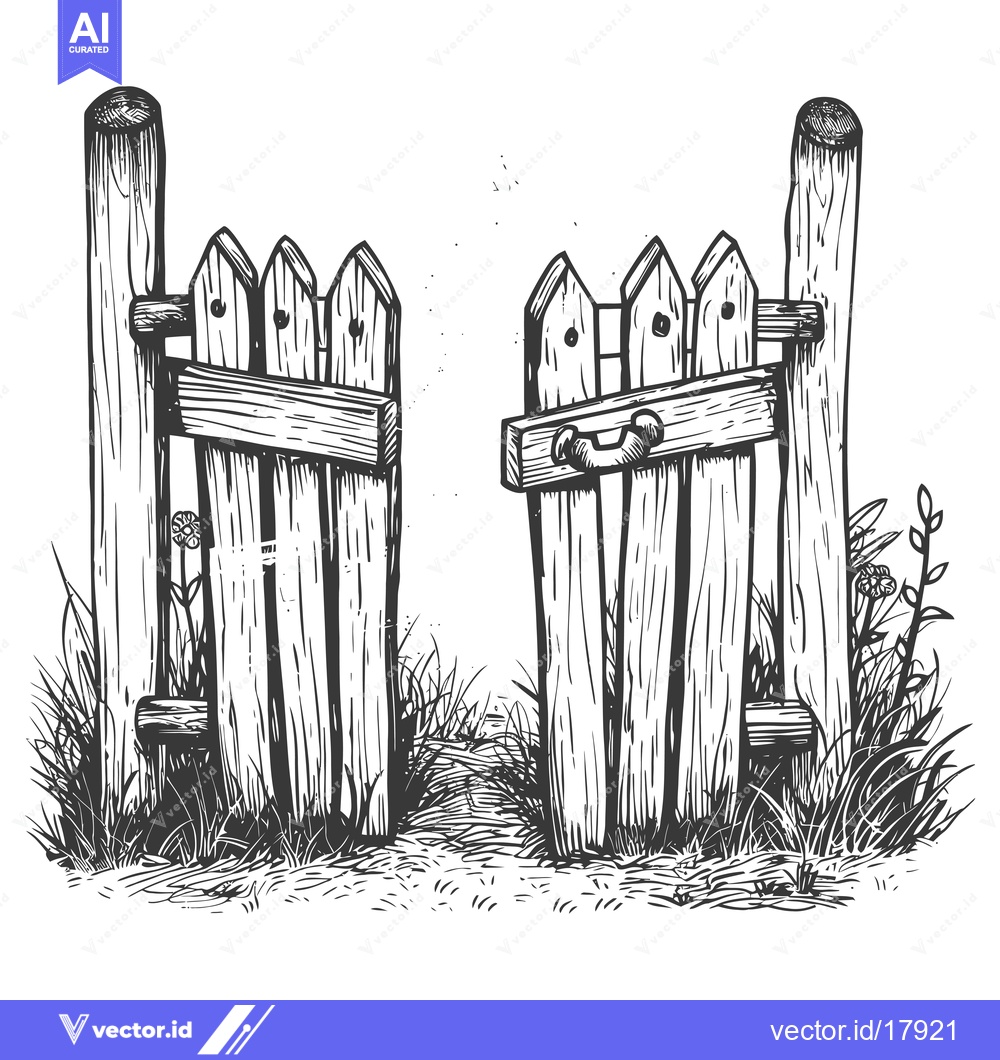 Premium Vector dari A rustic wooden gate with a simple latch, standing open in a grassy fi