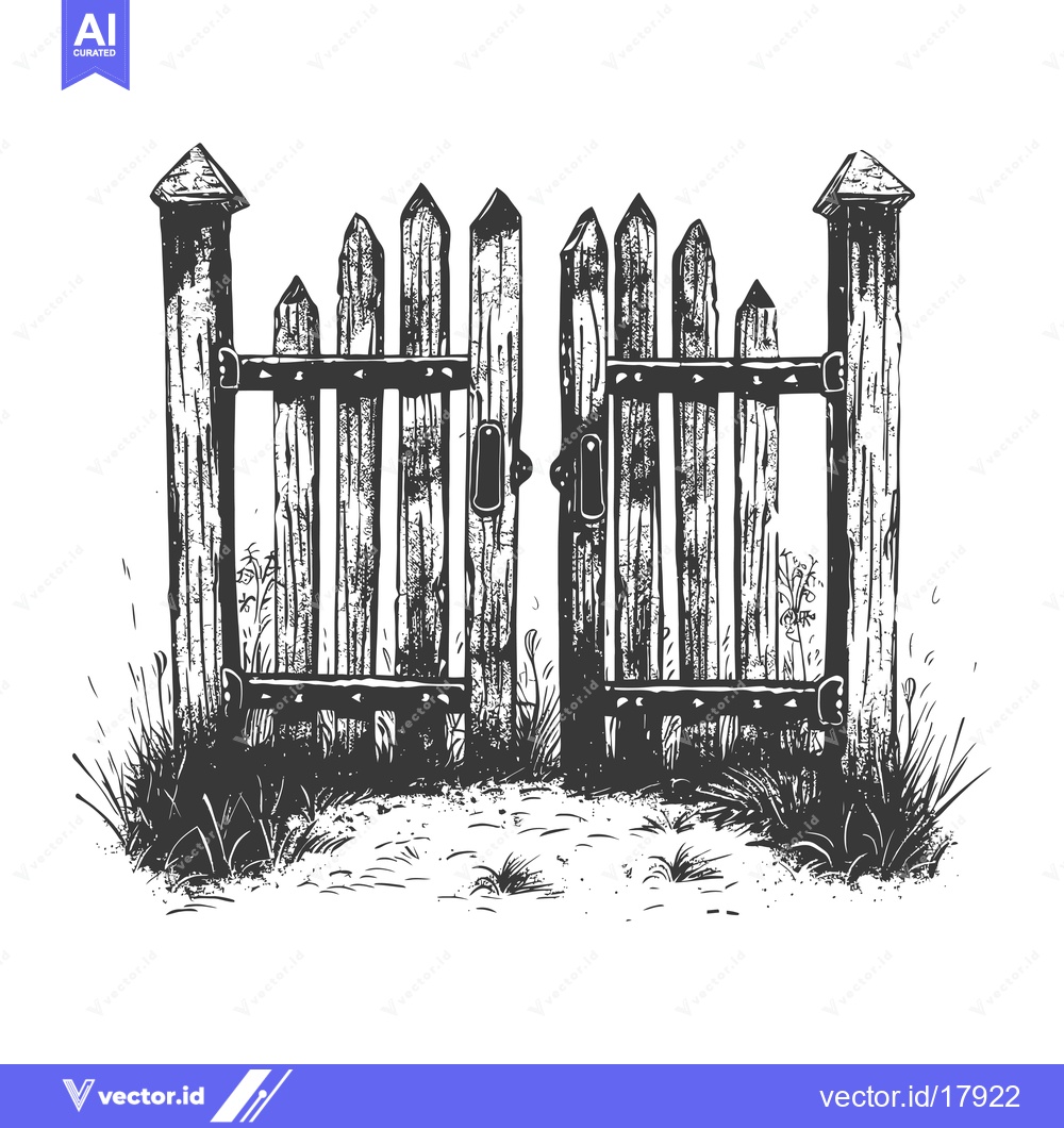 Premium Vector of A Rustic Wooden Gate with Grass and a Dirt Path