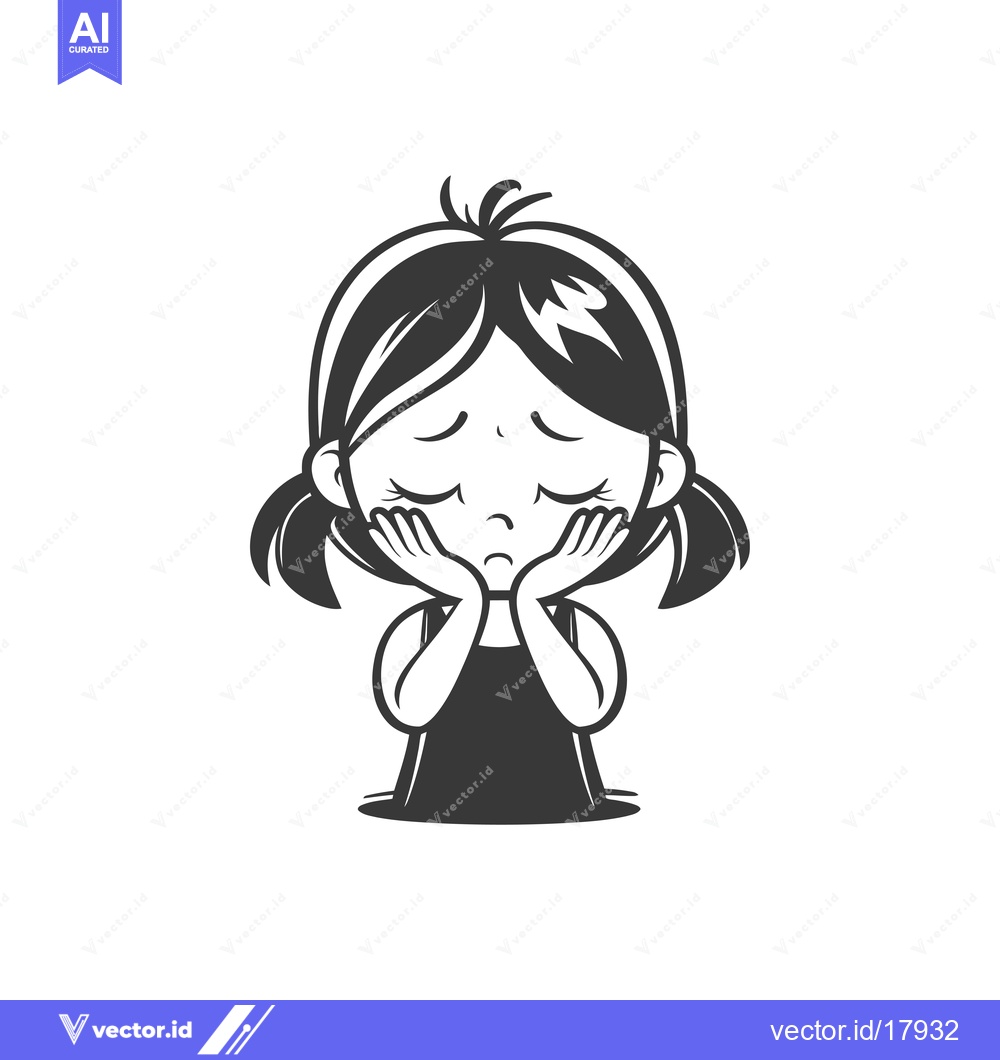 Premium Vector dari A Sad Cartoon Girl with Her Hands on Her Cheeks