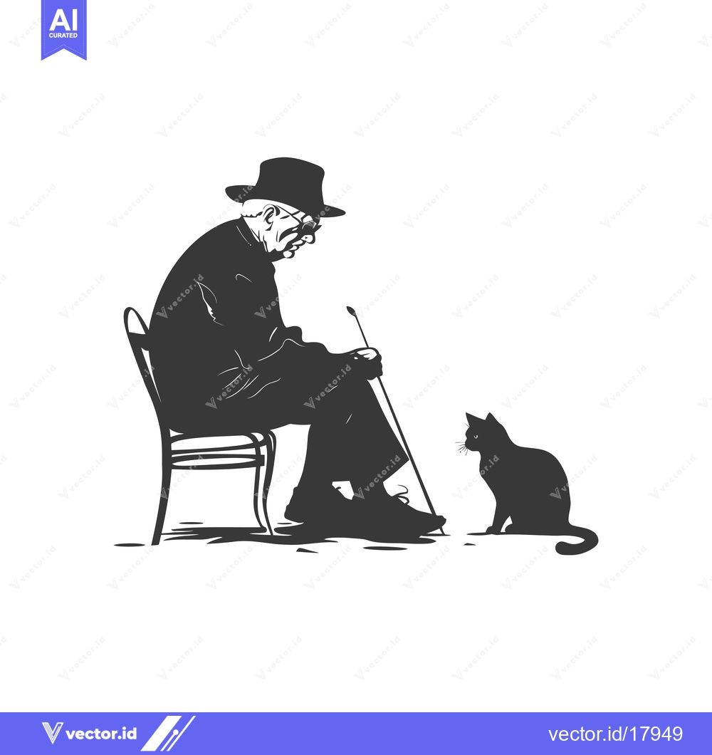Premium Vector of A seated elderly man in a hat looking at a cat