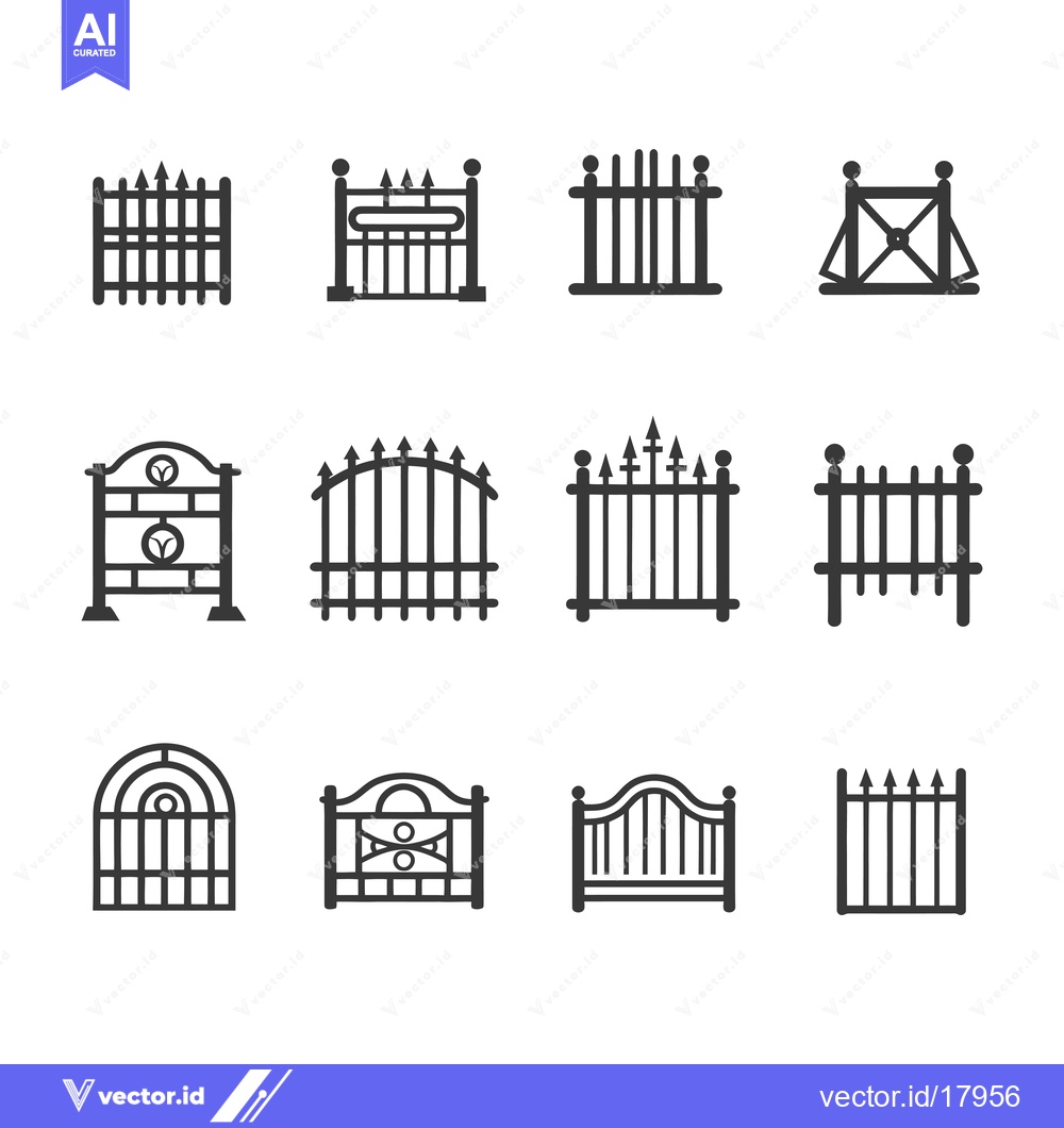 Premium Vector of A Set of 12 Black and White Fence and Gate Icons