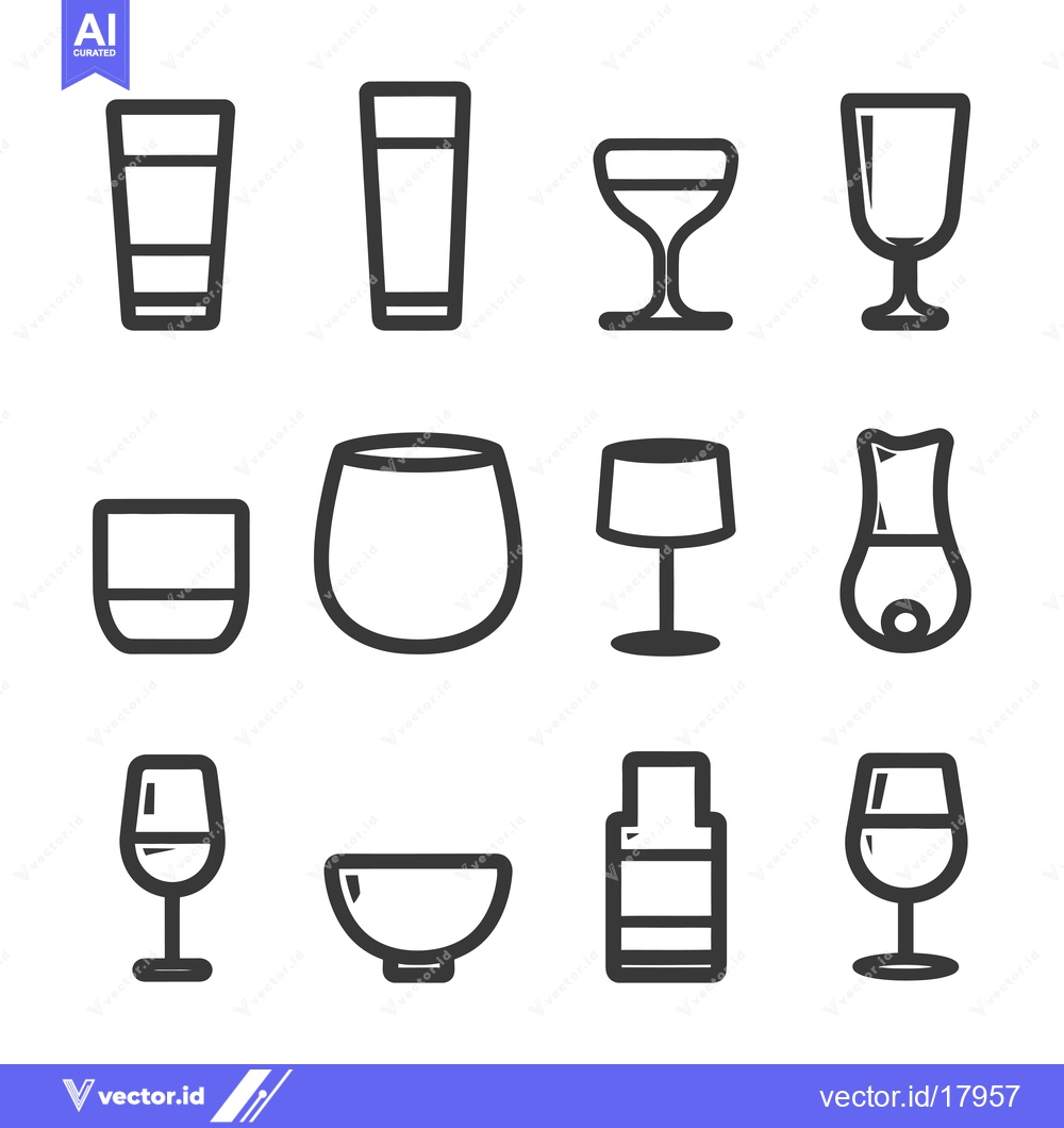 Premium Vector dari A Set of 12 Black and White Glassware Line Icons