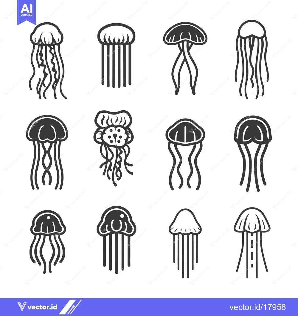Premium Vector dari A set of 12 black and white illustrations of jellyfish