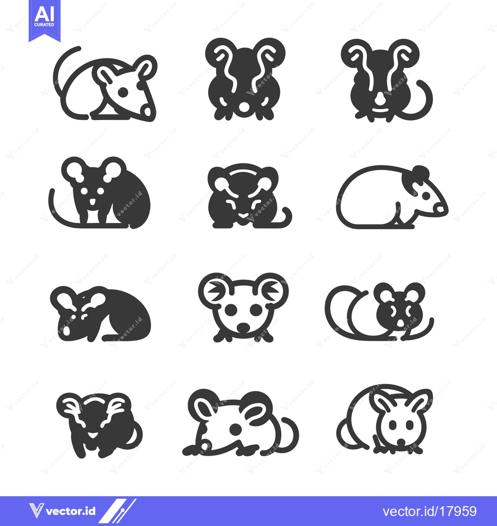 Premium Vector of A Set of 12 Black and White Mouse Icons in Different Poses