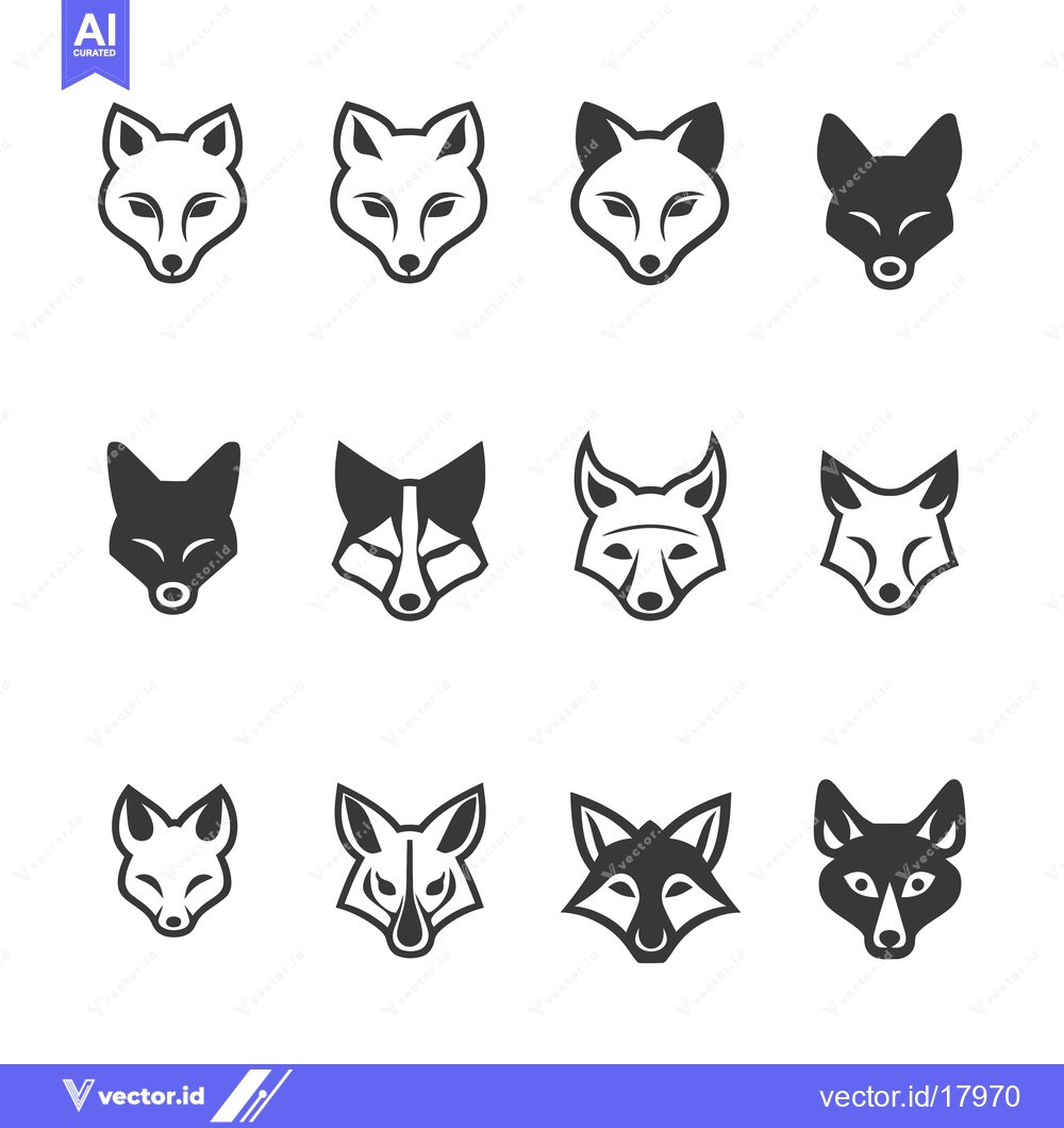 Premium Vector dari A Set of 12 Fox Head Icons in Black and White