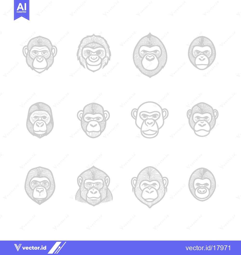 Premium Vector dari A Set of 12 Grey Outline Monkey Face Illustrations