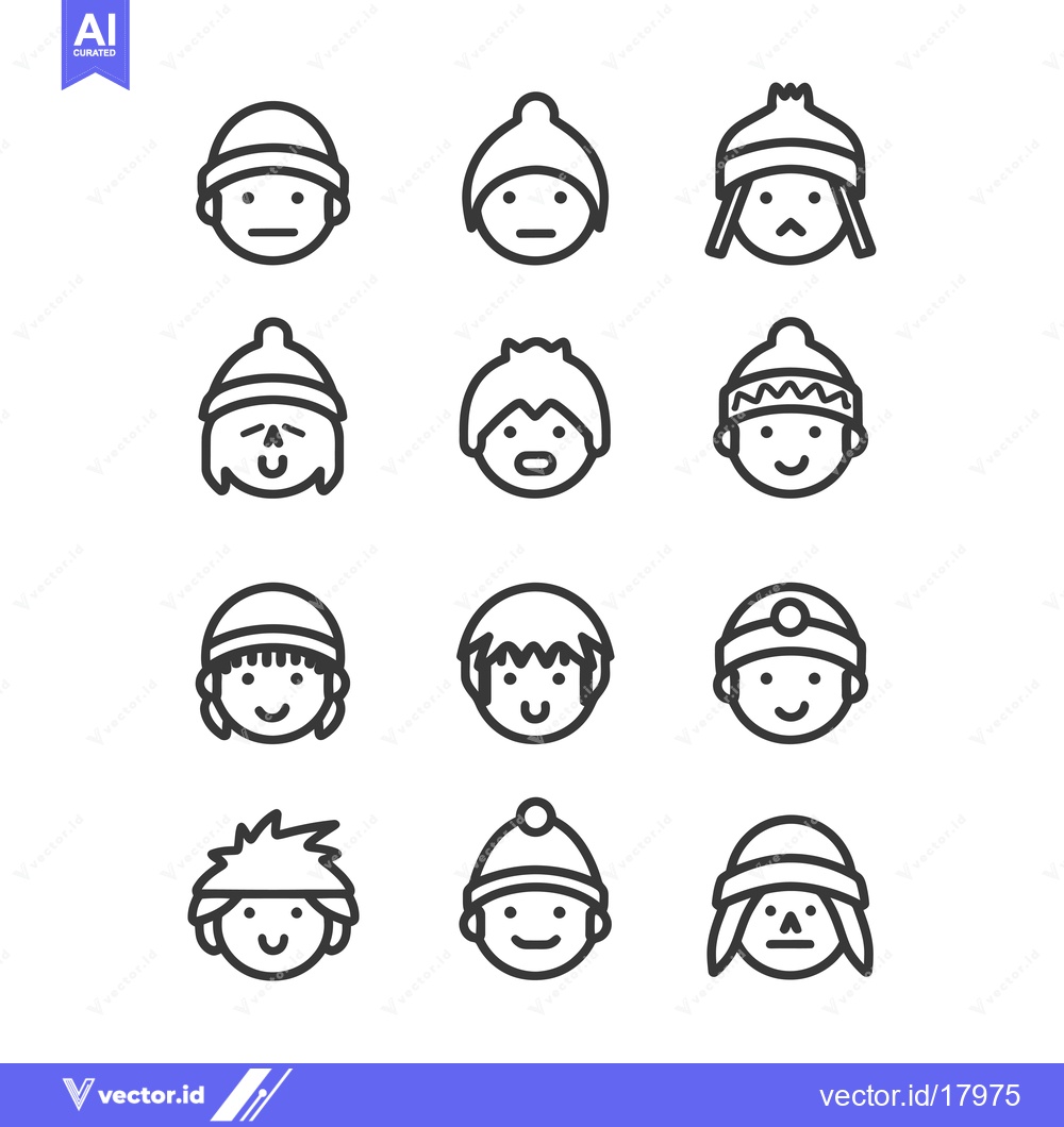 Premium Vector of A Set of 12 Line Art Emojis Depicting People Wearing Winter Hats