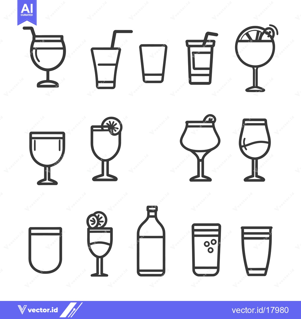 Premium Vector dari A Set of 12 Line Drawings Depicting Various Glasses and a Bottle