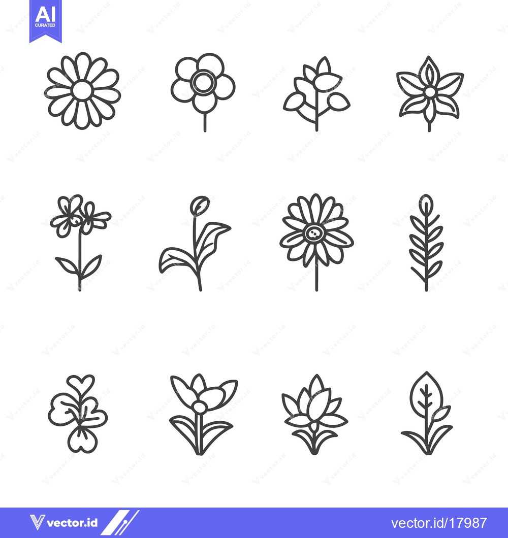Premium Vector dari A Set of 12 Outline Drawings of Various Flowers and Plants